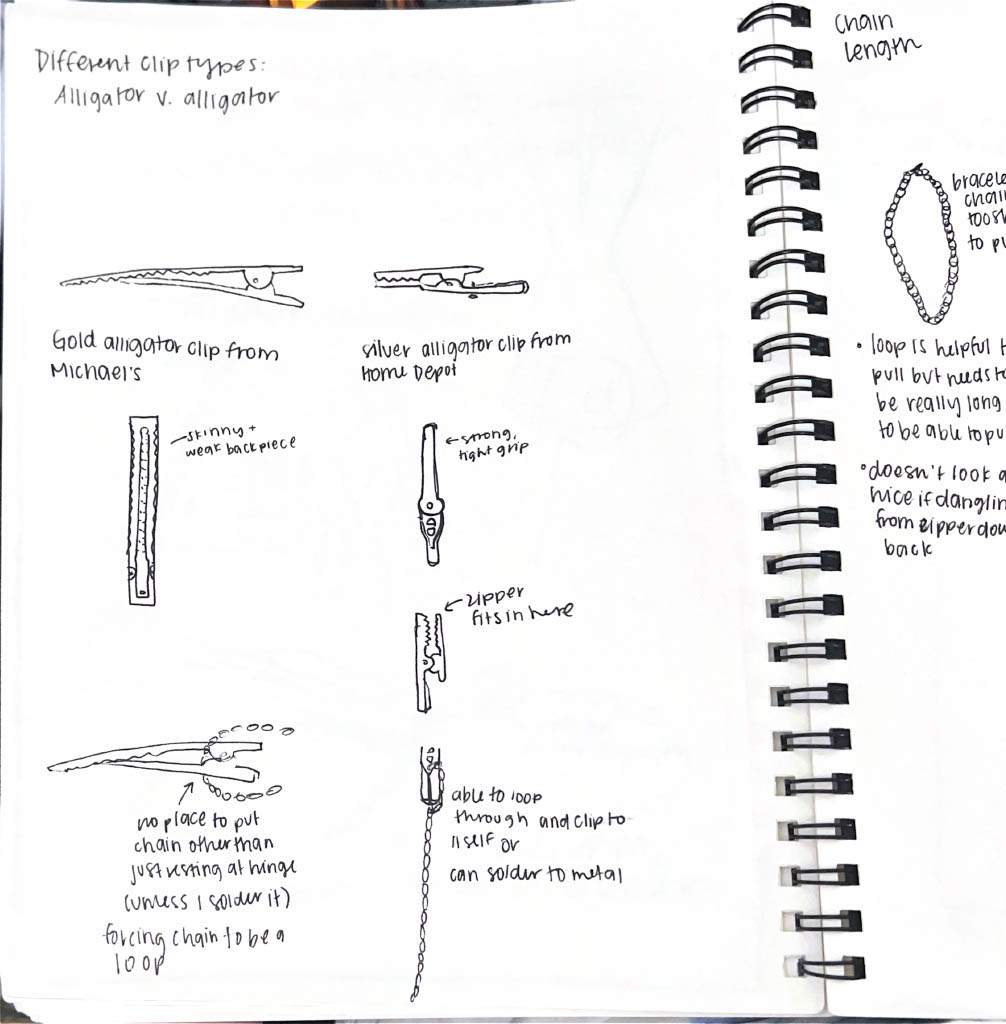 Sketch page comparing two alligator clip types